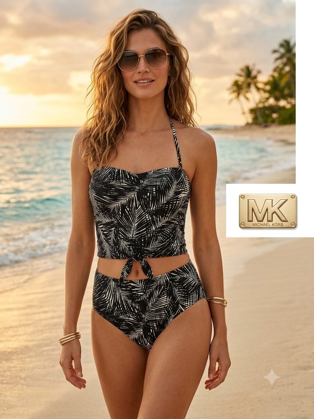 Top -Michael Kors Black & White Palm-Print tankini Ptp 13,5"